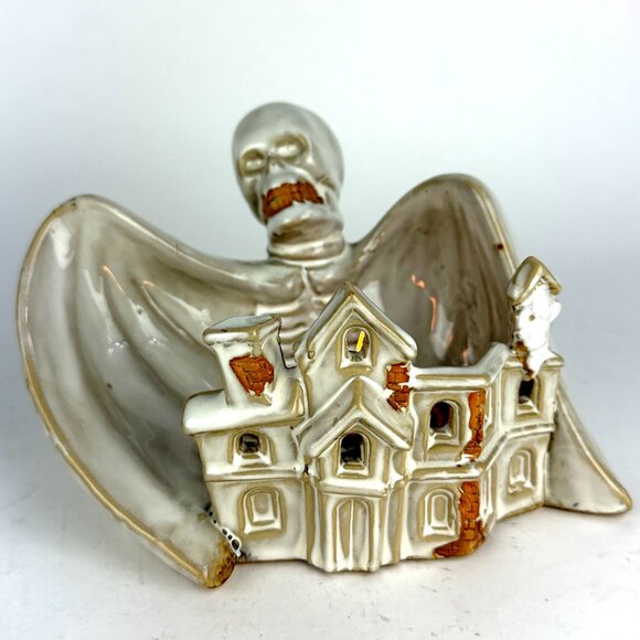 Vintage 1980 Ceramic Skeleton Haunted House Tea Light Candle Holders and candle - Picture 12 of 12